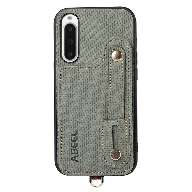 ABEEL Style 03 Kickstand Cover for Sony Xperia 10 V Carbon Fiber Texture PU+TPU RFID Blocking Card Holder Phone Case - Verde