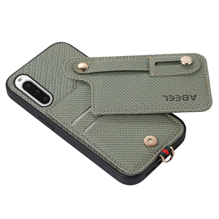 ABEEL Style 03 Kickstand Tampa Para Sony Xperia 10 V Textura de Fibra de Carbono PU+TPU RFID Bloqueio do Cartão de Bloqueio - Verde