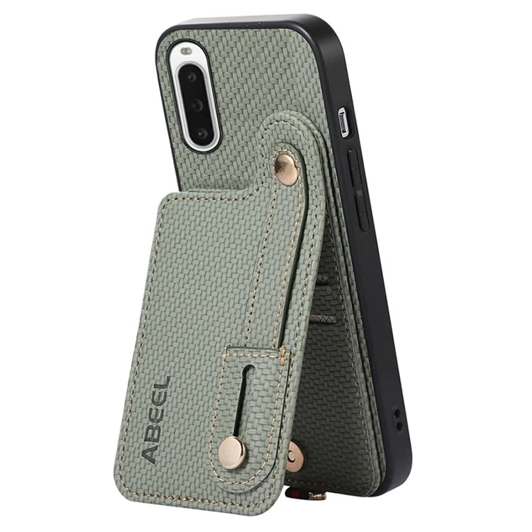 ABEEL Style 03 Kickstand Cover for Sony Xperia 10 V Carbon Fiber Texture PU+TPU RFID Blocking Card Holder Phone Case - Verde