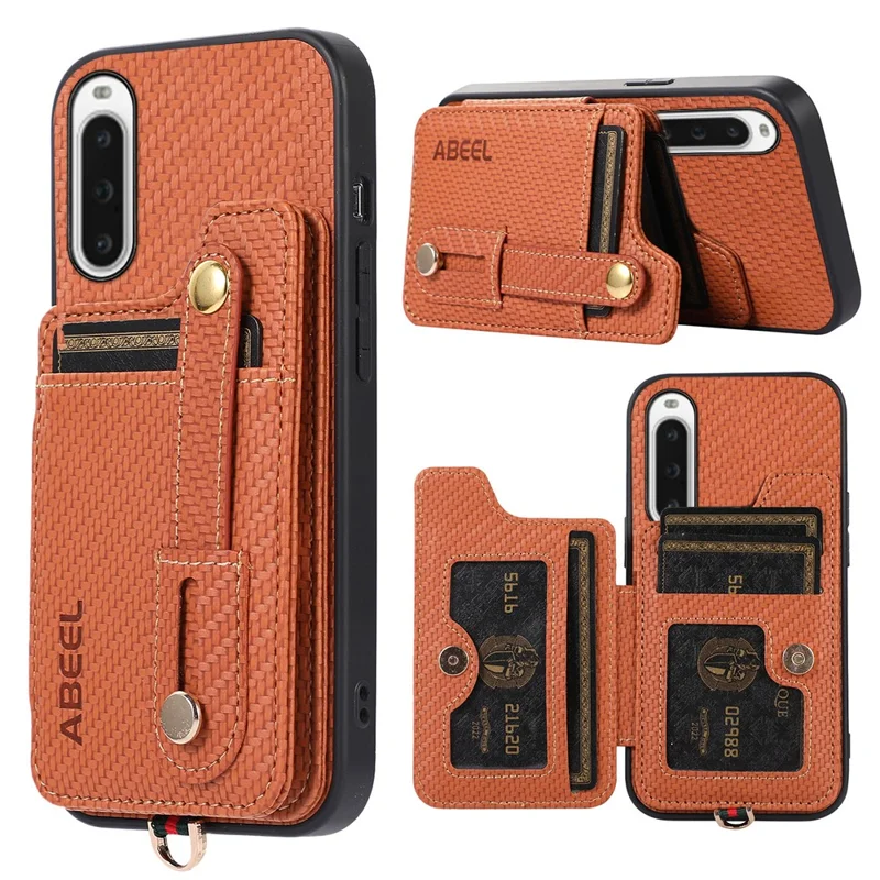 ABEEL Style 01 Kickstand Phone Case for Sony Xperia 10 V RFID Blocking Carbon Fiber Texture PU+TPU Cover with Card Holder - Brown