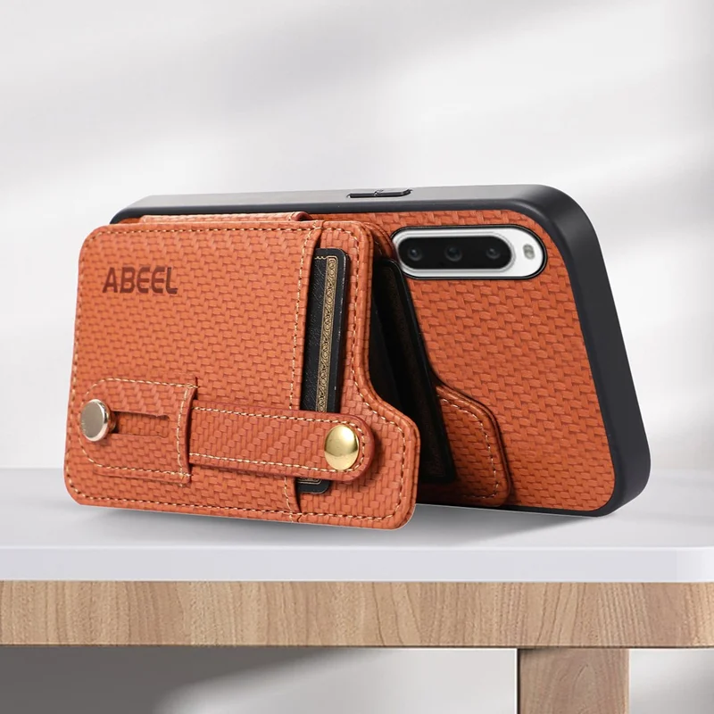 ABEEL Style 01 Kickstand Phone Case for Sony Xperia 10 V RFID Blocking Carbon Fiber Texture PU+TPU Cover with Card Holder - Brown