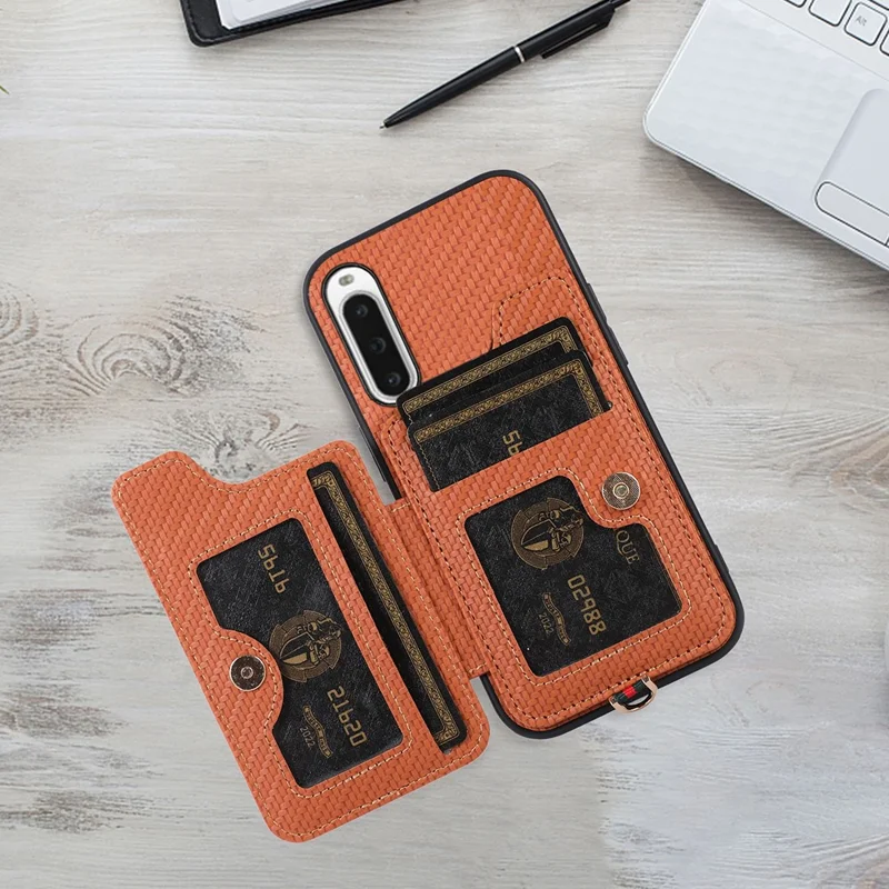 ABEEL Style 01 Kickstand Phone Case for Sony Xperia 10 V RFID Blocking Carbon Fiber Texture PU+TPU Cover with Card Holder - Brown