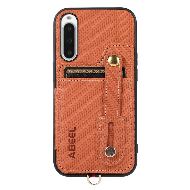 ABEEL Style 01 Kickstand Phone Case for Sony Xperia 10 V RFID Blocking Carbon Fiber Texture PU+TPU Cover with Card Holder - Brown