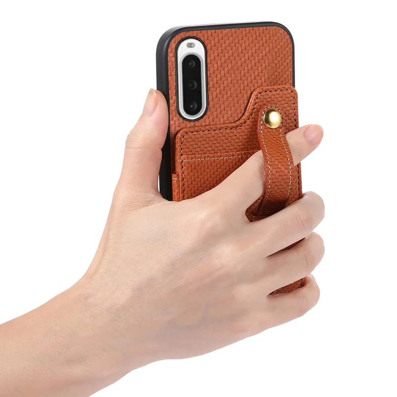 ABEEL Style 01 Kickstand Phone Case for Sony Xperia 10 V RFID Blocking Carbon Fiber Texture PU+TPU Cover with Card Holder - Brown