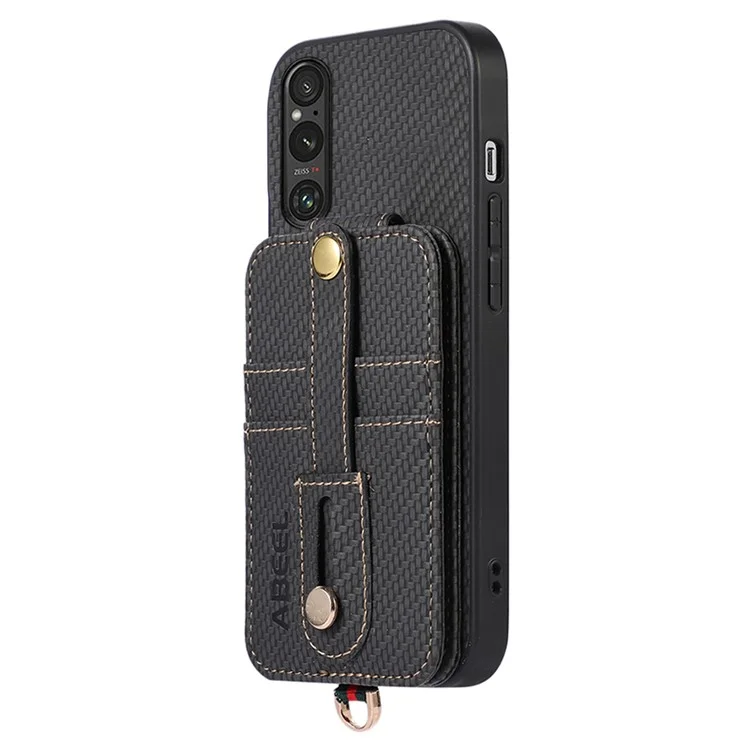 ABEEL Style 02 Kickstand Phone Case for Sony Xperia 1 V RFID Blocking Carbon Fiber Texture PU+TPU Cover with Card Holder - Black