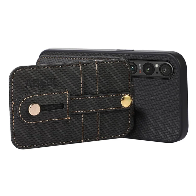 ABEEL Style 02 Kickstand Phone Case for Sony Xperia 1 V RFID Blocking Carbon Fiber Texture PU+TPU Cover with Card Holder - Black