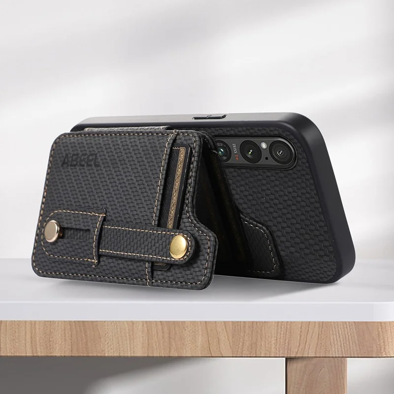ABEEL Style 01 Horizontal Kickstand Case for Sony Xperia 1 V RFID Blocking Carbon Fiber Texture PU+TPU Phone Cover with Card Slot - Black