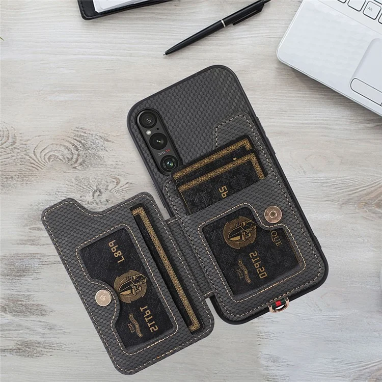 ABEEL Style 01 Horizontal Kickstand Case for Sony Xperia 1 V RFID Blocking Carbon Fiber Texture PU+TPU Phone Cover with Card Slot - Black