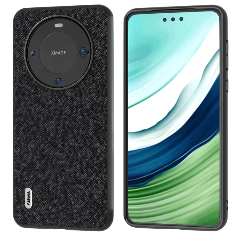 ABEEL Para Huawei Mate 60 Pro Cowhide Leather Coating Phone Case Cross Texture TPU+PC Cover - Preto