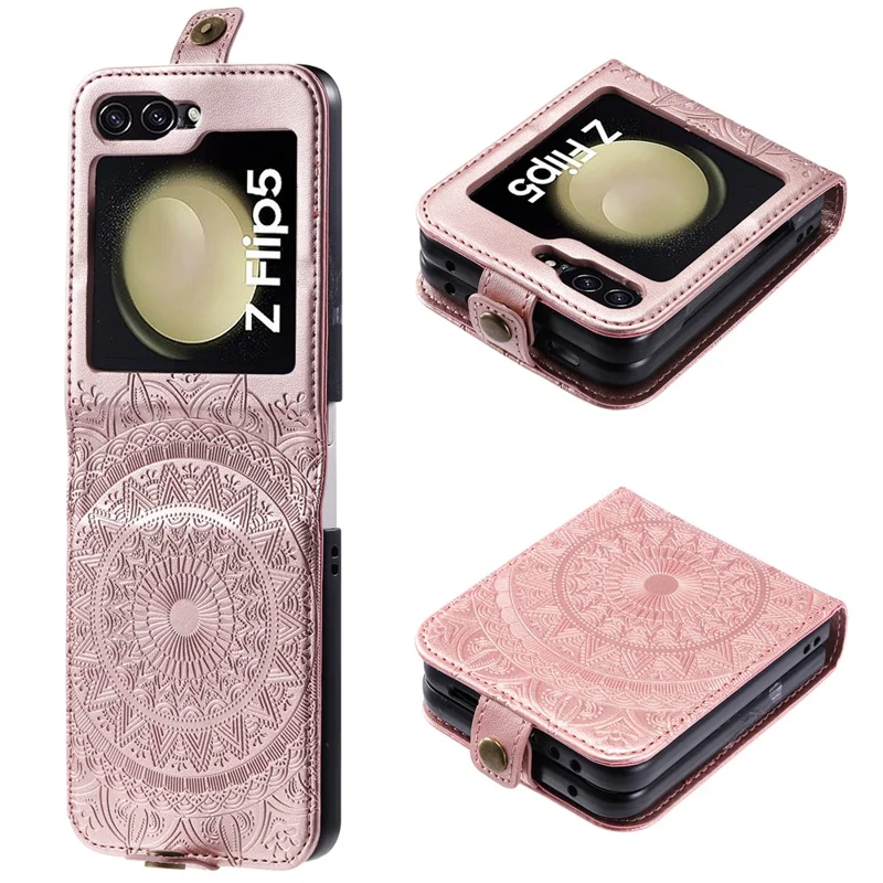 For Samsung Galaxy Z Flip5 5G Card Holder PU Leather Case Mandala Flower Imprinted Folding Cover - Rose Gold
