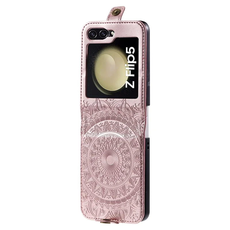 For Samsung Galaxy Z Flip5 5G Card Holder PU Leather Case Mandala Flower Imprinted Folding Cover - Rose Gold