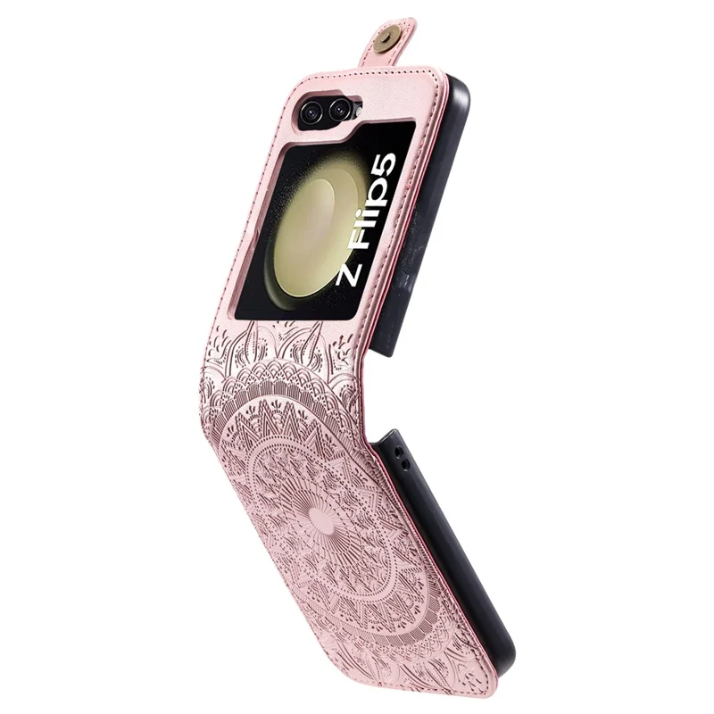 For Samsung Galaxy Z Flip5 5G Card Holder PU Leather Case Mandala Flower Imprinted Folding Cover - Rose Gold
