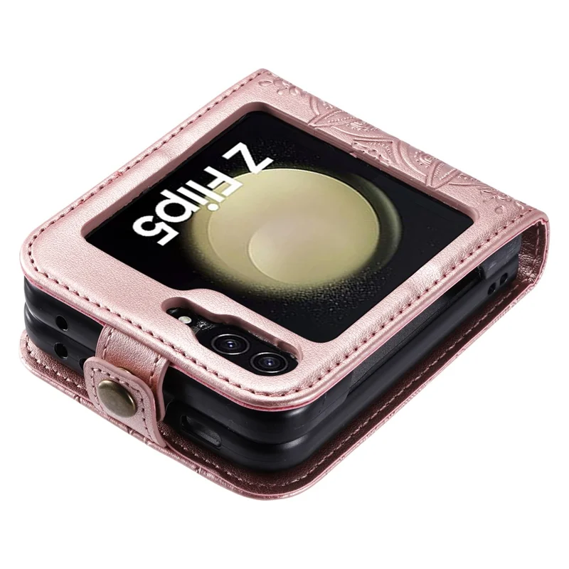 For Samsung Galaxy Z Flip5 5G Card Holder PU Leather Case Mandala Flower Imprinted Folding Cover - Rose Gold