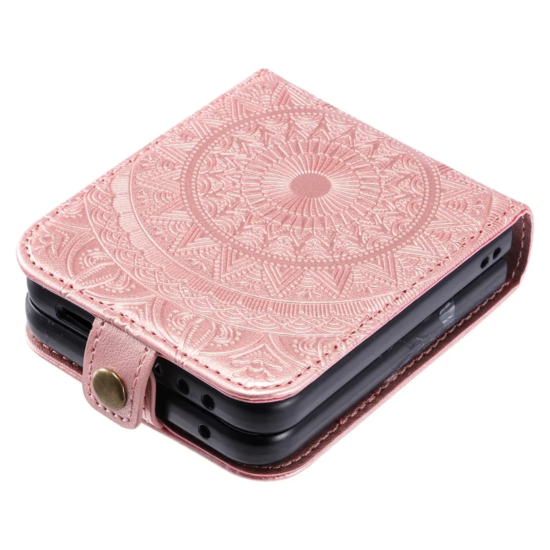 For Samsung Galaxy Z Flip5 5G Card Holder PU Leather Case Mandala Flower Imprinted Folding Cover - Rose Gold