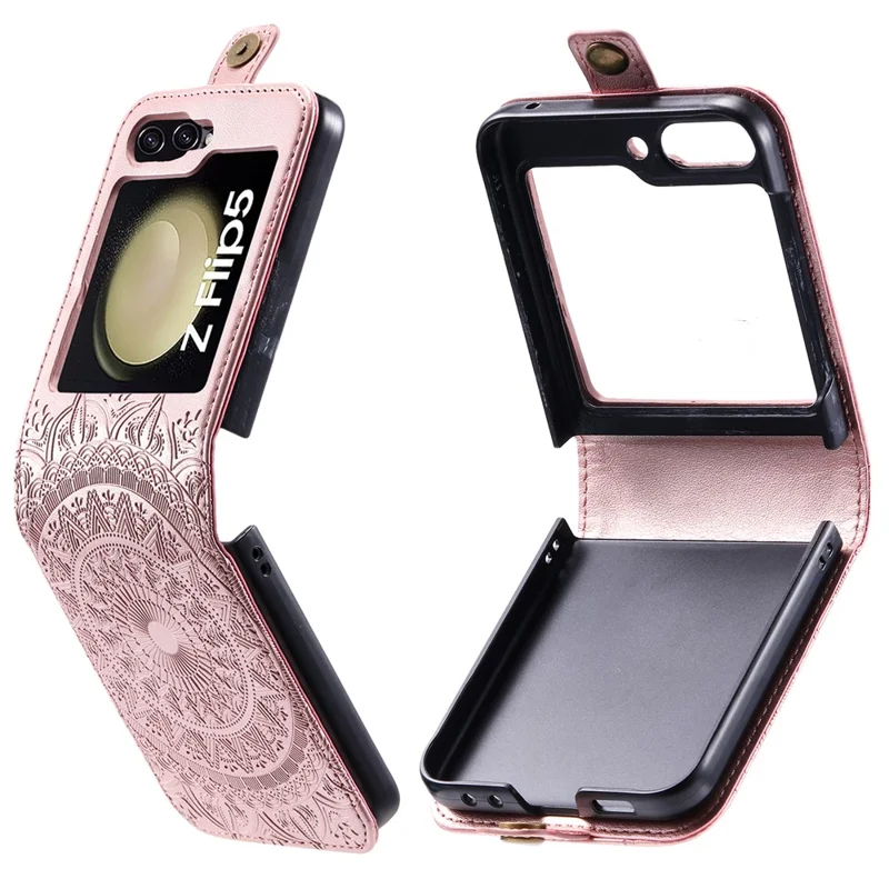 For Samsung Galaxy Z Flip5 5G Card Holder PU Leather Case Mandala Flower Imprinted Folding Cover - Rose Gold