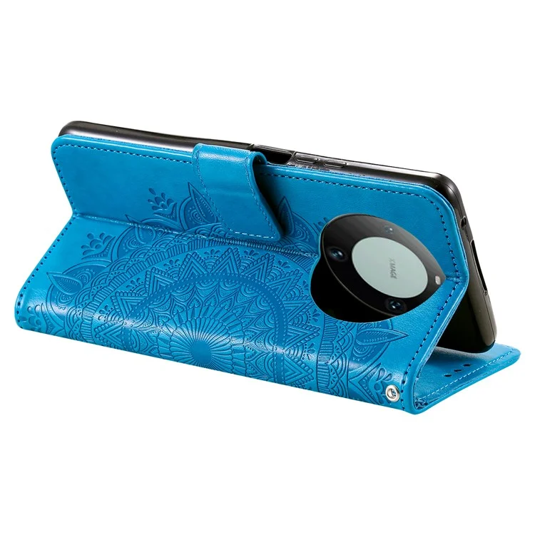 Per Huawei Mate 60 Pro Supporto Portafoglio Custodia Telefono in Pelle PU con Fiore Mandala Stampato - Blu