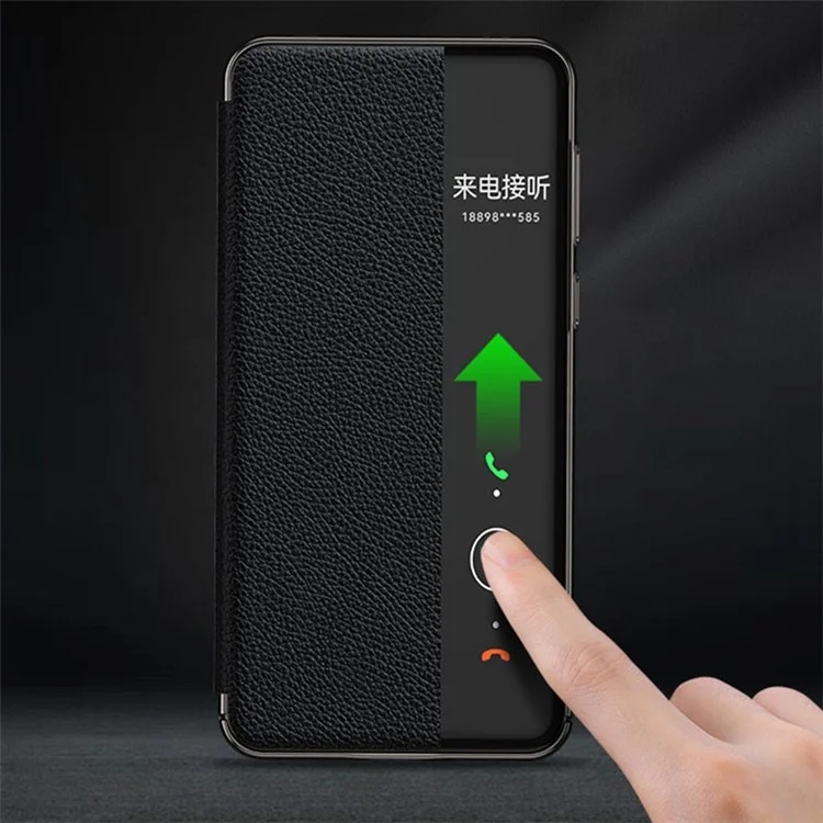 Funda de teléfono de cuero auténtico de vaca para Huawei Mate 60 Pro con ventana de visualización, antiarañazos y tapa abatible - Negro