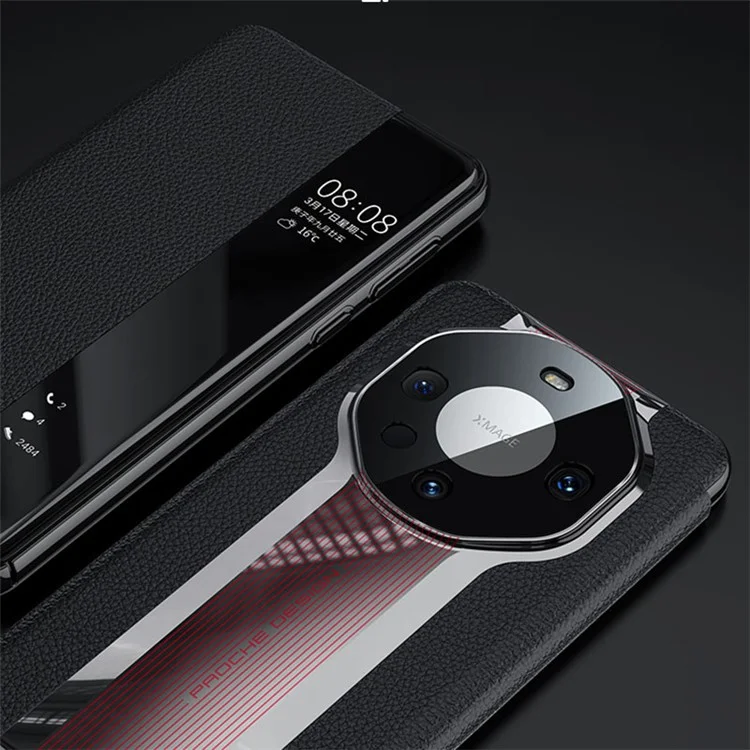 Funda de teléfono de cuero auténtico de vaca para Huawei Mate 60 Pro con ventana de visualización, antiarañazos y tapa abatible - Negro