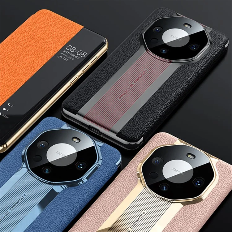 Funda de teléfono de cuero auténtico de vaca para Huawei Mate 60 Pro con ventana de visualización, antiarañazos y tapa abatible - Negro