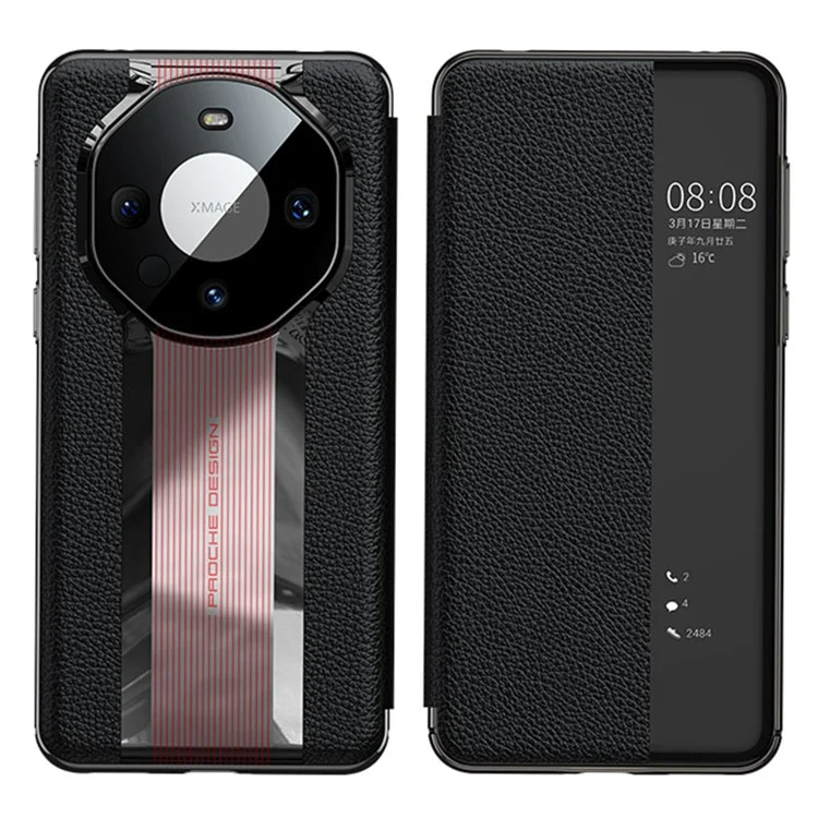 View Window Phone Flip Case per Huawei Mate 60 Genuine Cow Leather Auto Wake-up / Sleep Phone Cover - Nero