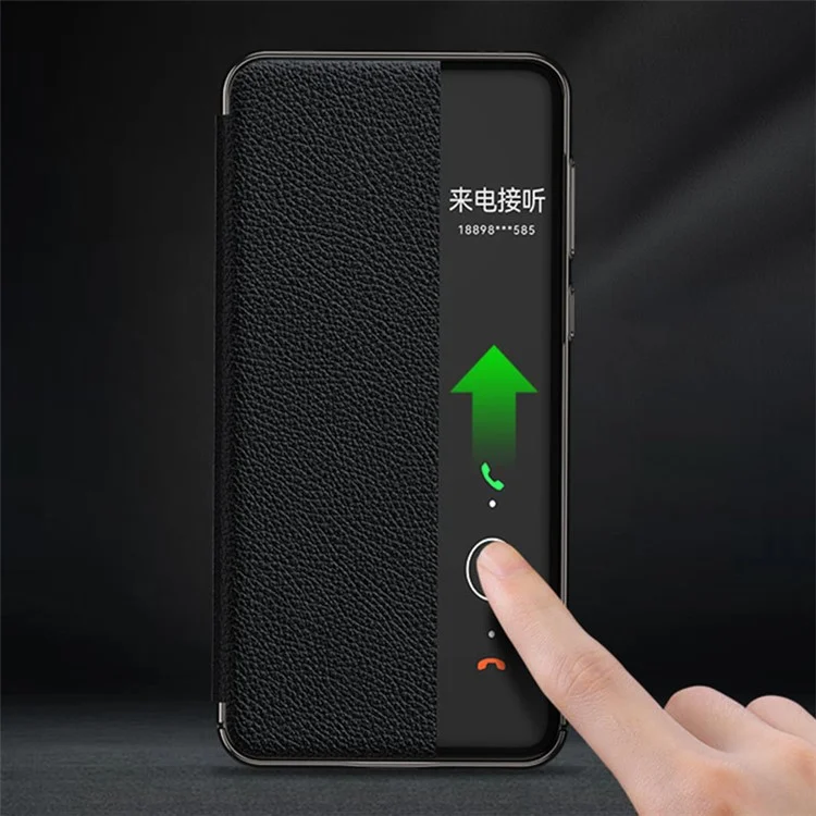 View Window Phone Flip Case per Huawei Mate 60 Genuine Cow Leather Auto Wake-up / Sleep Phone Cover - Nero
