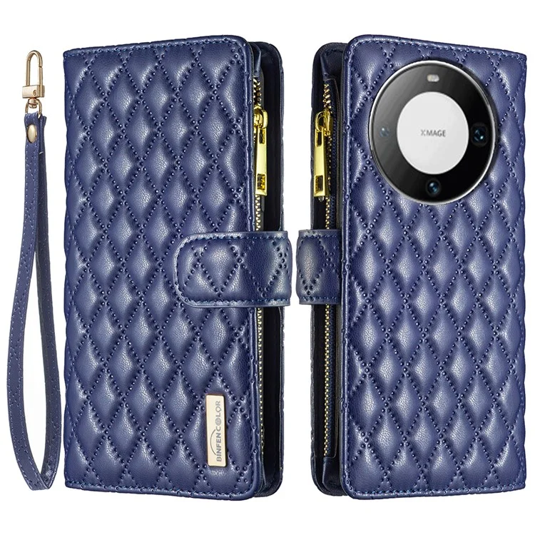 BINFEN COLOR BF Style-15 Pour Huawei Mate 60 Pro / Mate 60 Pro+ Étui portefeuille en cuir avec poche zippée Couverture debout - Bleu