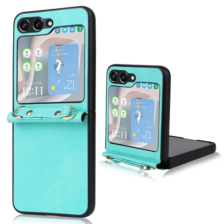 Per Samsung Galaxy Z Flip5 5G Custodia Telefonica Protettiva in PU + PC a Pezzo Unico con Cinturino Lungo - Ciano