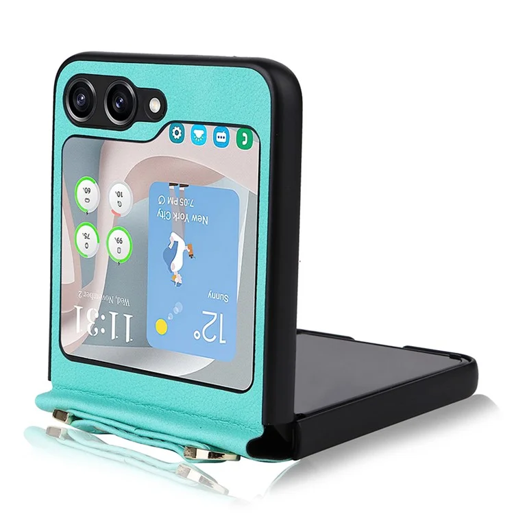 Per Samsung Galaxy Z Flip5 5G Custodia Telefonica Protettiva in PU + PC a Pezzo Unico con Cinturino Lungo - Ciano