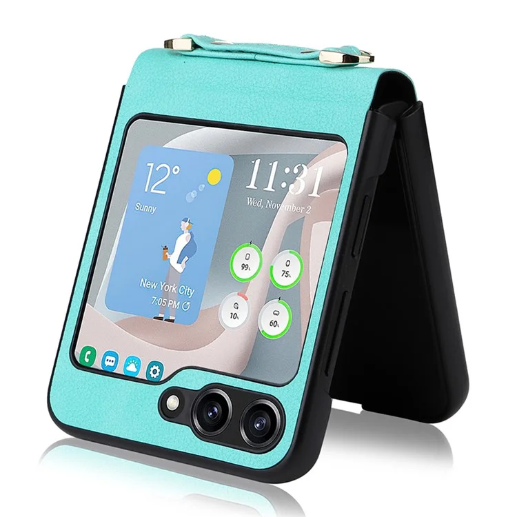 Per Samsung Galaxy Z Flip5 5G Custodia Telefonica Protettiva in PU + PC a Pezzo Unico con Cinturino Lungo - Ciano