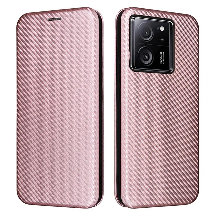 For Xiaomi Redmi K60 Ultra / 13T / 13T Pro Carbon Fiber Texture Phone Case Leather Stand Anti-drop Cover with Card Slot - Rose Gold