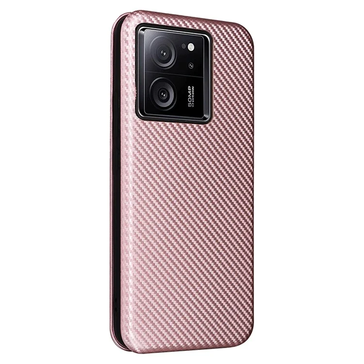 For Xiaomi Redmi K60 Ultra / 13T / 13T Pro Carbon Fiber Texture Phone Case Leather Stand Anti-drop Cover with Card Slot - Rose Gold