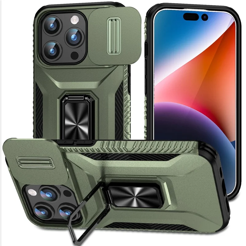 For iPhone 15 Pro Drop-proof PC+TPU Case Kickstand Cell Phone Cover Shell with Camera Slider - Green