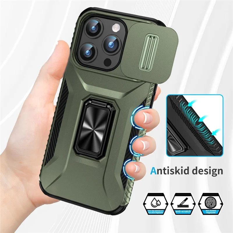 For iPhone 15 Pro Drop-proof PC+TPU Case Kickstand Cell Phone Cover Shell with Camera Slider - Green