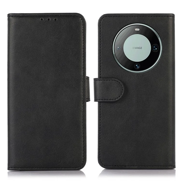 Pour Huawei Mate 60 Pro Cowhide Texture Cell Phone Case Leather Wallet Stand Anti-fall Cover - Noir