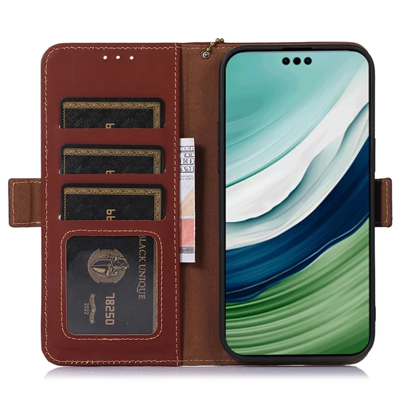 For Huawei Mate 60 Pro RFID Blocking Wallet Genuine Cow Leather Case Silky Feeling Phone Cover - Coffee