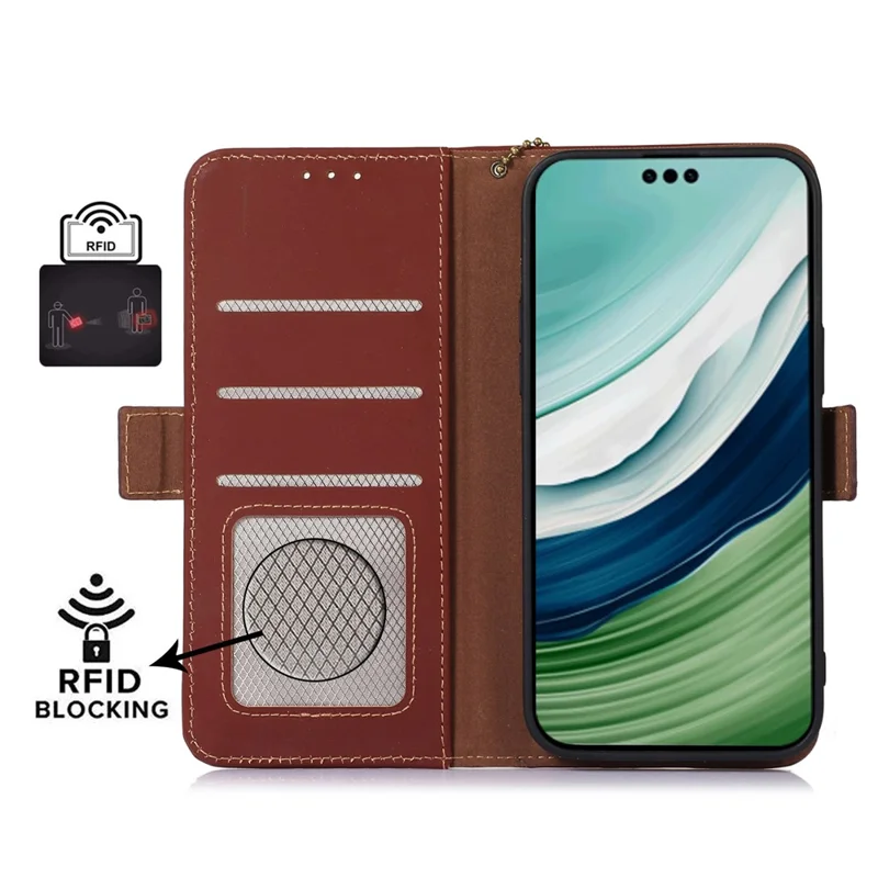 For Huawei Mate 60 Pro RFID Blocking Wallet Genuine Cow Leather Case Silky Feeling Phone Cover - Coffee