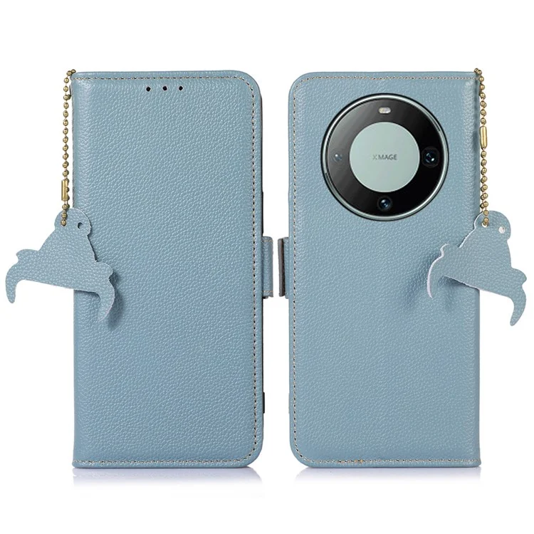 Per Huawei Mate 60 Pro RFID Blocking Wallet Stand Shell Genuine Cow Leather Anti-drop Phone Case - Blue