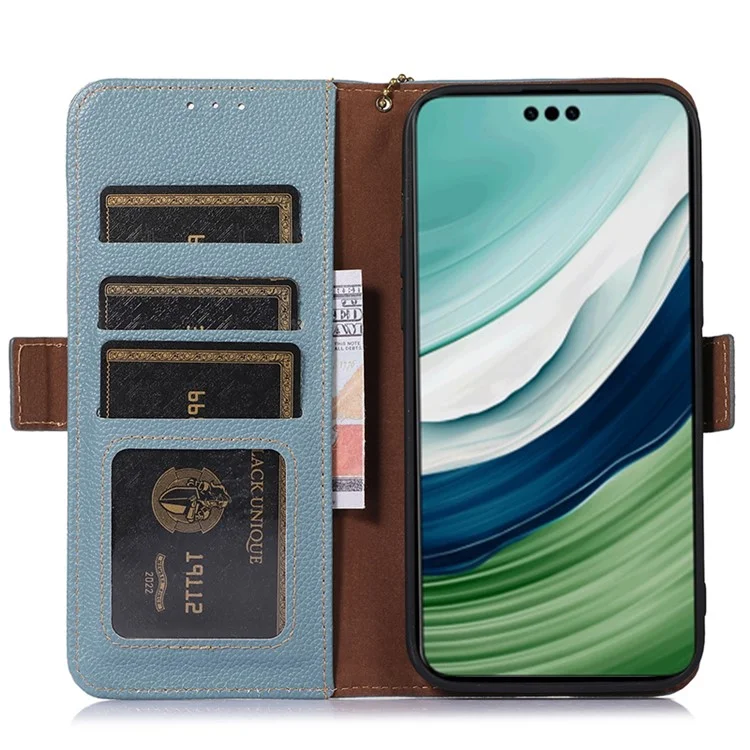 Per Huawei Mate 60 Pro RFID Blocking Wallet Stand Shell Genuine Cow Leather Anti-drop Phone Case - Blue