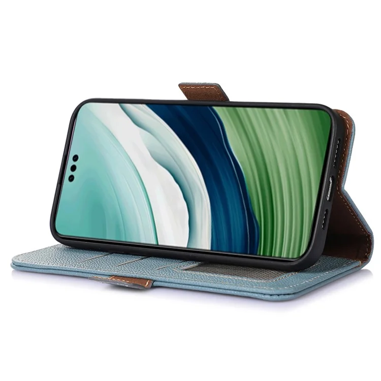 Per Huawei Mate 60 Pro RFID Blocking Wallet Stand Shell Genuine Cow Leather Anti-drop Phone Case - Blue