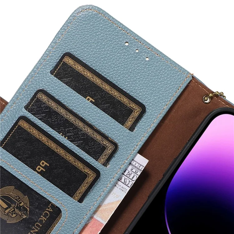 Per Huawei Mate 60 Pro RFID Blocking Wallet Stand Shell Genuine Cow Leather Anti-drop Phone Case - Blue