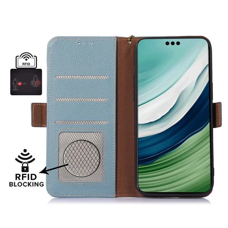 Per Huawei Mate 60 Pro RFID Blocking Wallet Stand Shell Genuine Cow Leather Anti-drop Phone Case - Blue