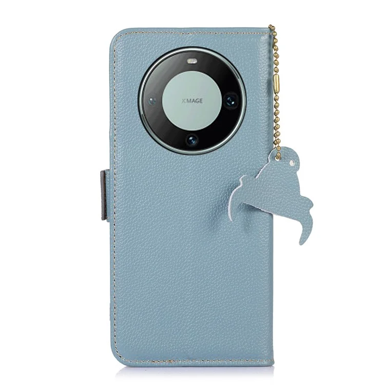 Per Huawei Mate 60 Pro RFID Blocking Wallet Stand Shell Genuine Cow Leather Anti-drop Phone Case - Blue