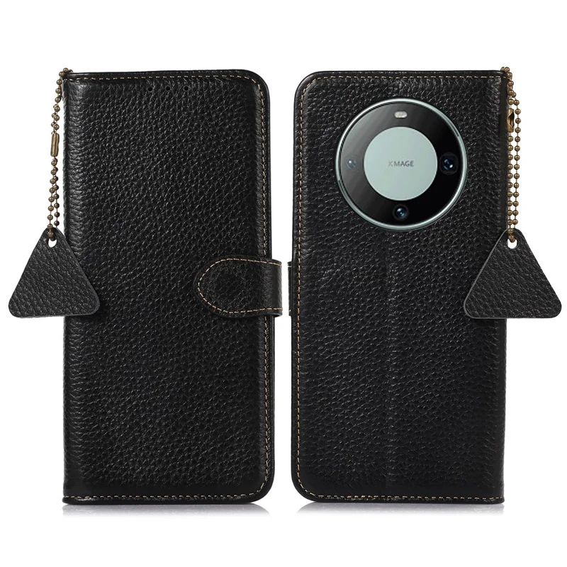 Genuine Cow Leather Case for Huawei Mate 60 RFID Blocking Wallet Litchi Texture Phone Cover - Black