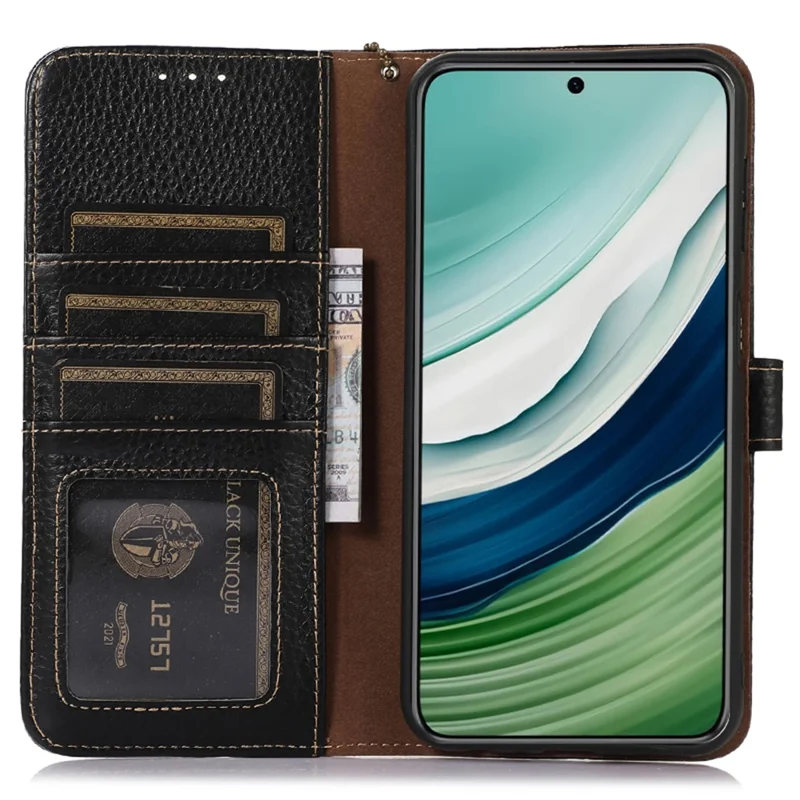 Genuine Cow Leather Case for Huawei Mate 60 RFID Blocking Wallet Litchi Texture Phone Cover - Black