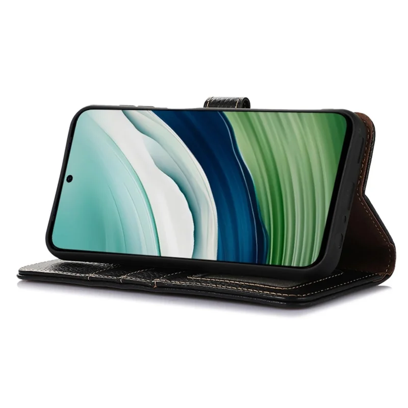 Genuine Cow Leather Case for Huawei Mate 60 RFID Blocking Wallet Litchi Texture Phone Cover - Black