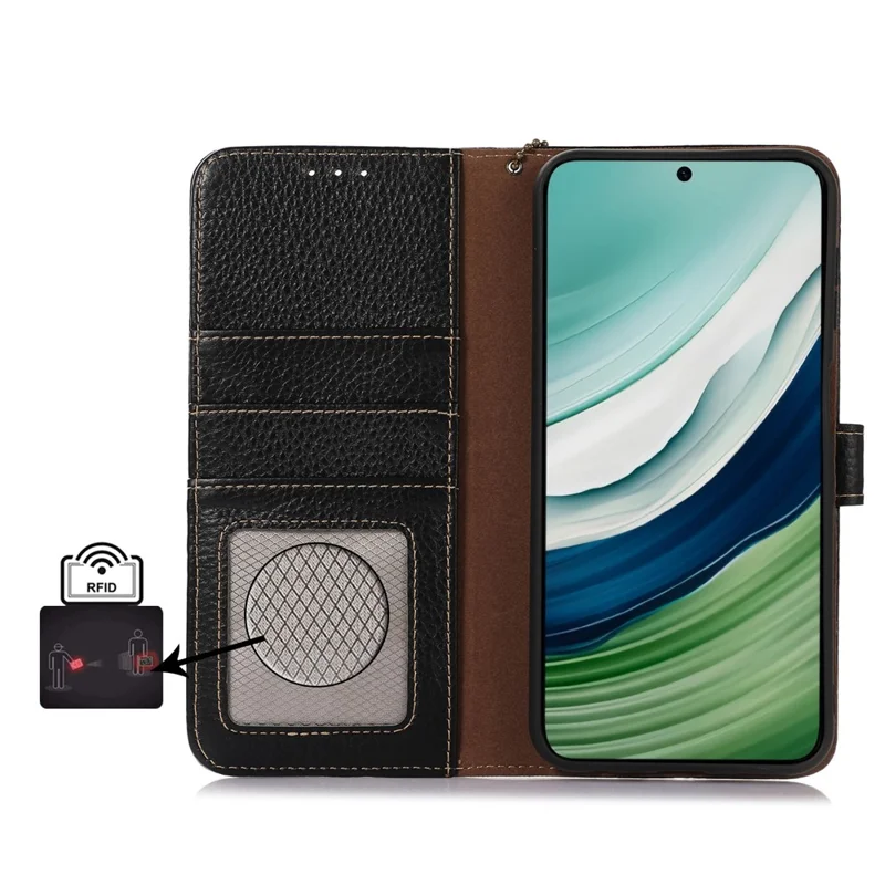 Genuine Cow Leather Case for Huawei Mate 60 RFID Blocking Wallet Litchi Texture Phone Cover - Black