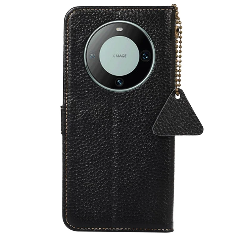 Genuine Cow Leather Case for Huawei Mate 60 RFID Blocking Wallet Litchi Texture Phone Cover - Black