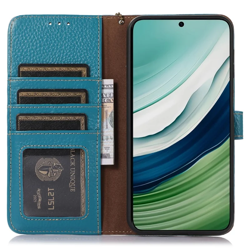 Genuine Cow Leather Case for Huawei Mate 60 RFID Blocking Wallet Litchi Texture Phone Cover - Blue