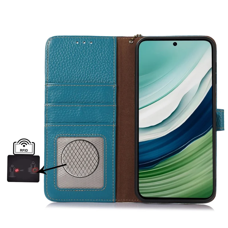 Genuine Cow Leather Case for Huawei Mate 60 RFID Blocking Wallet Litchi Texture Phone Cover - Blue