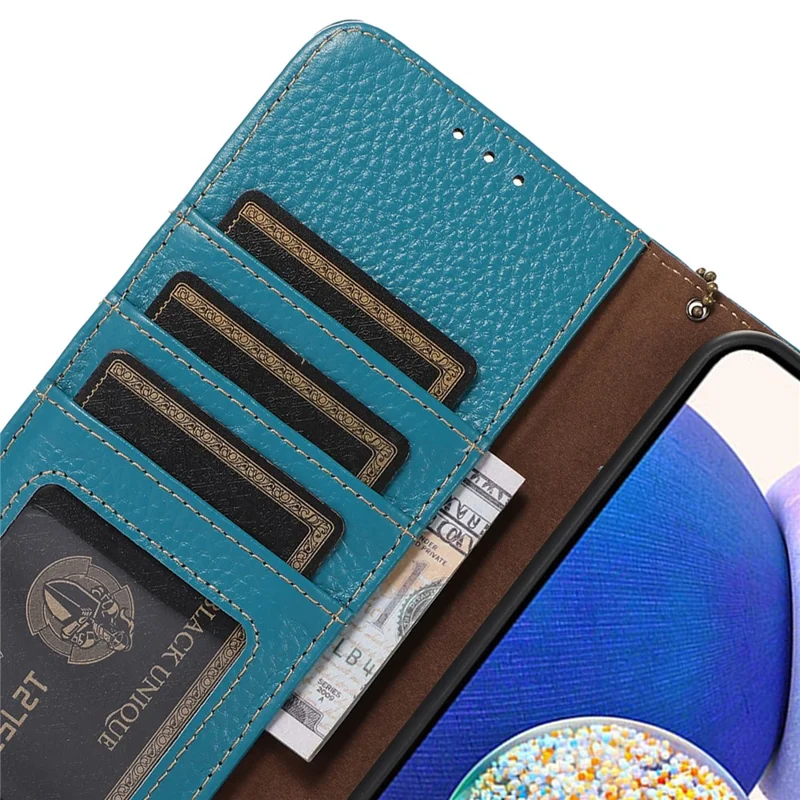 Genuine Cow Leather Case for Huawei Mate 60 RFID Blocking Wallet Litchi Texture Phone Cover - Blue